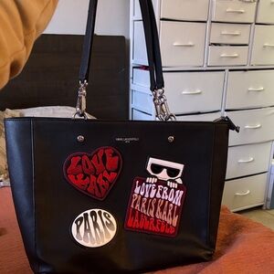 Karl Lagerfeld Black Tote with Red and White Patches
